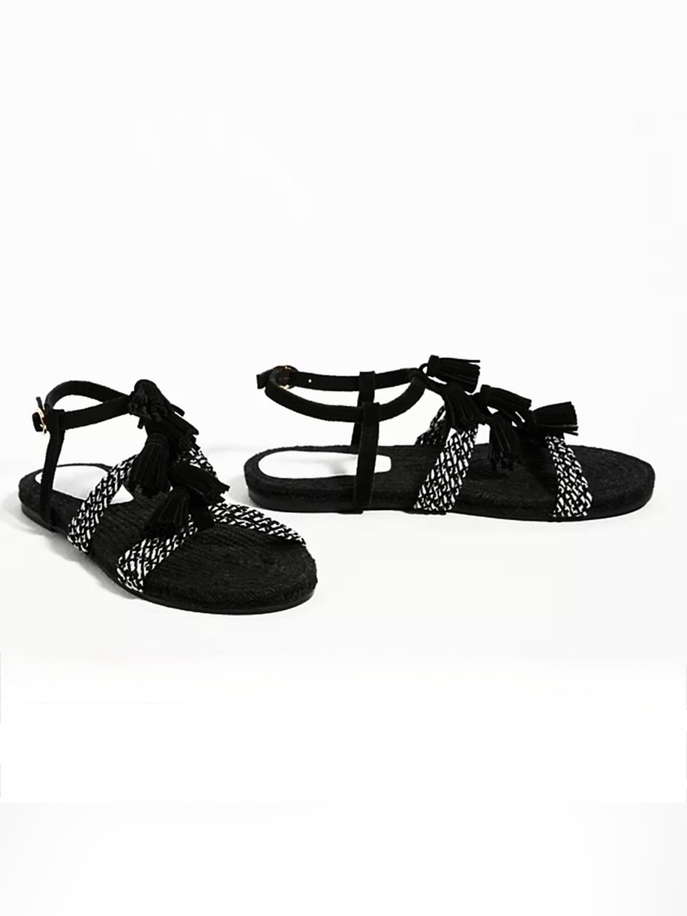Anthropologie Fringed Rope Tassel Sandals Black White Woven Boho Sandals Sz 8💛